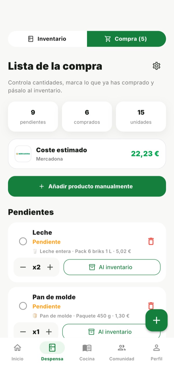 Lista de la compra con el coste estimado