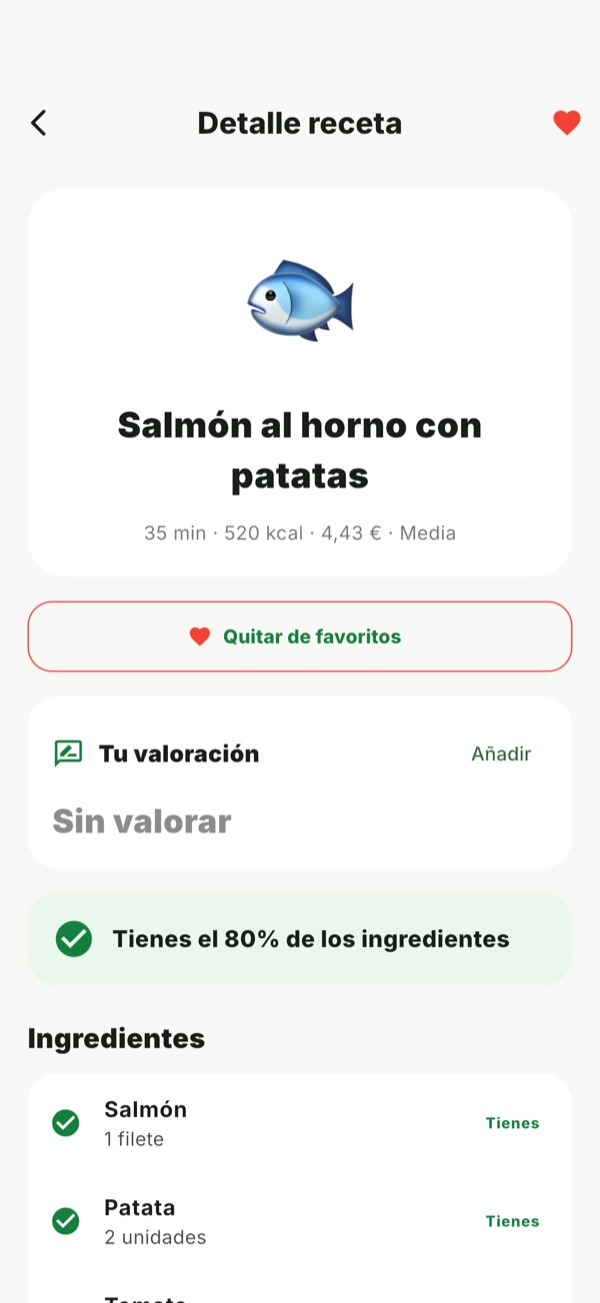 Detalle de una receta con los ingredientes que ya tienes
